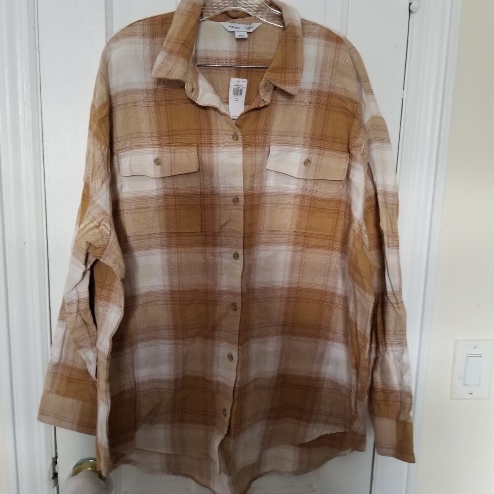 Old Navy Women’s The Boyfriend Shirt XXL Cotton Flannel LS Tunic Cream Plaid